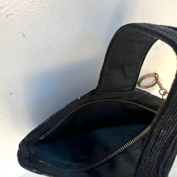 1940's Black Wristlet Purse - Small Boho Vintage - Cording Style Fabric - Picture 6 of 11